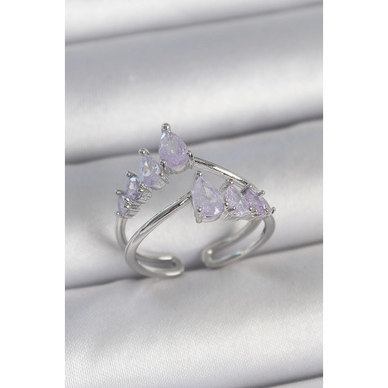 Pirinç Gümüş Renk Mor Damla Zirkon Taşlı Taç Model Kadın Yüzük - TJ-BYK3714