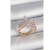Pirinç Gold Renk Mor Damla Zirkon Taşlı Taç Model Kadın Yüzük - TJ-BYK3715