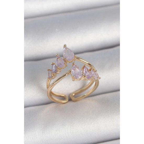 Pirinç Gold Renk Mor Damla Zirkon Taşlı Taç Model Kadın Yüzük - TJ-BYK3715