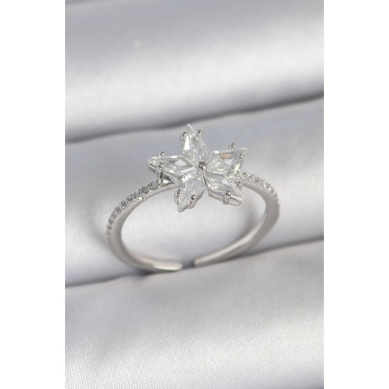 Pirinç Gümüş Renk Zirkon Taşlı Yıldız Model Ayarlanabilir Kadın Yüzük - TJ-BYK3716