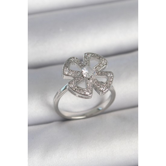 Pirinç Gümüş Renk Zirkon Taşlı Yonca Model Ayarlanabilir Kadın Yüzük - TJ-BYK3718