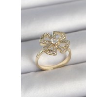 Pirinç Gold Renk Zirkon Taşlı Yonca Model Ayarlanabilir Kadın Yüzük - TJ-BYK3719