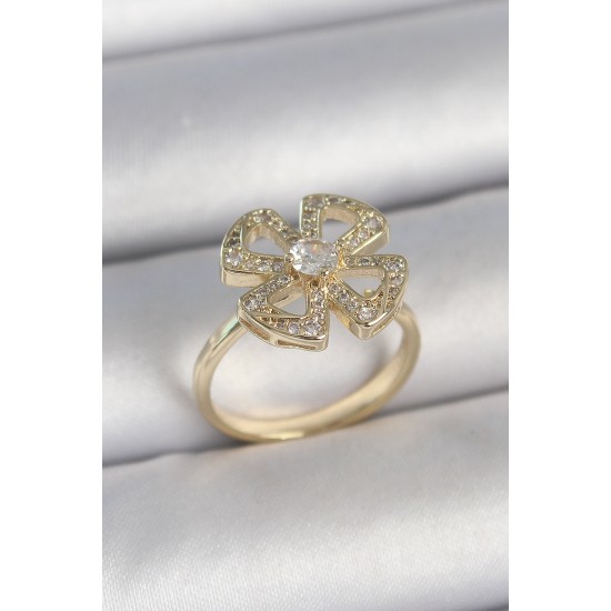 Pirinç Gold Renk Zirkon Taşlı Yonca Model Ayarlanabilir Kadın Yüzük - TJ-BYK3719
