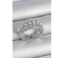 Pirinç Gümüş Renk 2'Li Sıra Zirkon Taşlı Ve İncili Ayarlanabilir Kadın Yüzük - TJ-BYK3720