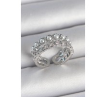 Pirinç Gümüş Renk 2'Li Sıra Zirkon Taşlı Ve İncili Ayarlanabilir Kadın Yüzük - TJ-BYK3720