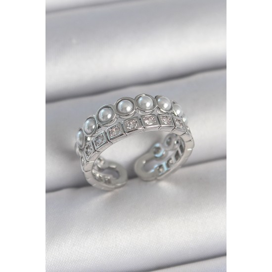 Pirinç Gümüş Renk 2'Li Sıra Zirkon Taşlı Ve İncili Ayarlanabilir Kadın Yüzük - TJ-BYK3720