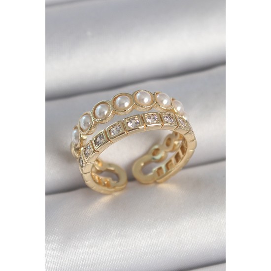 Pirinç Gold Renk 2'Li Zirkon Taşlı Ve İncili Ayarlanabilir Kadın Yüzük - TJ-BYK3721