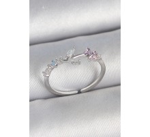 Pirinç Gümüş Renk Zirkon Taşlı Çiçek Model Ayarlanabilir Kadın Yüzük - TJ-BYK3722