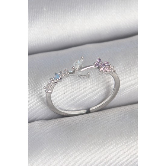 Pirinç Gümüş Renk Zirkon Taşlı Çiçek Model Ayarlanabilir Kadın Yüzük - TJ-BYK3722