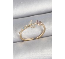 Pirinç Gold Renk Zirkon Taşlı Çiçek Model Ayarlanabilir Kadın Yüzük - TJ-BYK3723