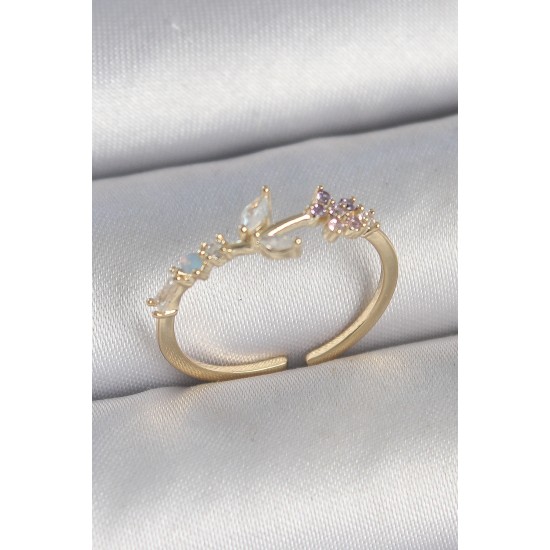 Pirinç Gold Renk Zirkon Taşlı Çiçek Model Ayarlanabilir Kadın Yüzük - TJ-BYK3723