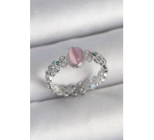 Pirinç Gümüş Renk Zirkon Taş Detaylı Pembe Mineli Damla Model Ayarlanabilir Kadın Yüzük - TJ-BYK3724