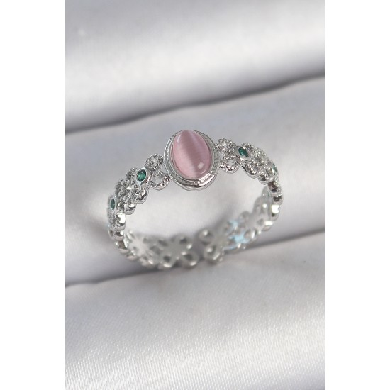 Pirinç Gümüş Renk Zirkon Taş Detaylı Pembe Mineli Damla Model Ayarlanabilir Kadın Yüzük - TJ-BYK3724