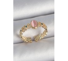 Pirinç Gold Renk Zirkon Taş Detaylı Pembe Mineli Damla Model Ayarlanabilir Kadın Yüzük - TJ-BYK3725