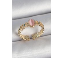 Pirinç Gold Renk Zirkon Taş Detaylı Pembe Mineli Damla Model Ayarlanabilir Kadın Yüzük - TJ-BYK3725