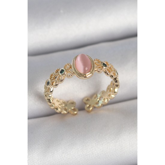 Pirinç Gold Renk Zirkon Taş Detaylı Pembe Mineli Damla Model Ayarlanabilir Kadın Yüzük - TJ-BYK3725