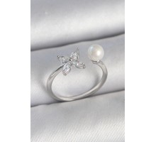 Pirinç Gümüş Renk Zirkon Taşlı Çiçek Model İnci Detay Ayarlanabilir Kadın Yüzük - TJ-BYK3726