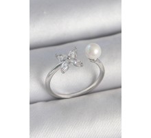 Pirinç Gümüş Renk Zirkon Taşlı Çiçek Model İnci Detay Ayarlanabilir Kadın Yüzük - TJ-BYK3726