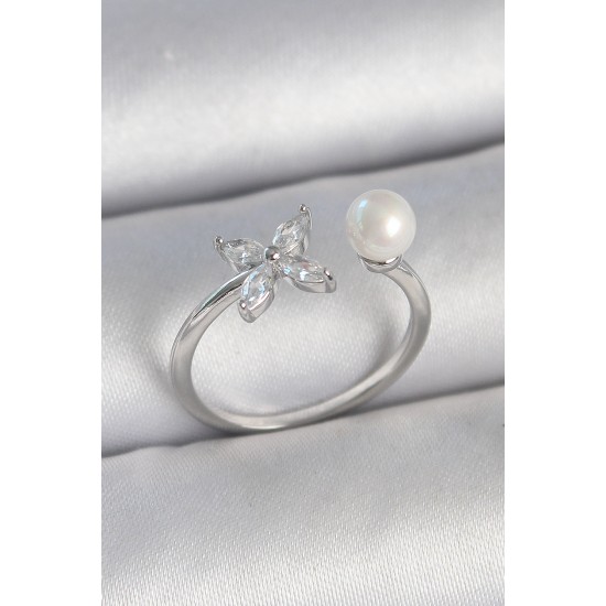 Pirinç Gümüş Renk Zirkon Taşlı Çiçek Model İnci Detay Ayarlanabilir Kadın Yüzük - TJ-BYK3726