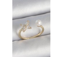 Pirinç Gold Renk Zirkon Taşlı Çiçek Model İnci Detay Ayarlanabilir Kadın Yüzük - TJ-BYK3727