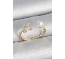 Pirinç Gold Renk Zirkon Taşlı Çiçek Model İnci Detay Ayarlanabilir Kadın Yüzük - TJ-BYK3727