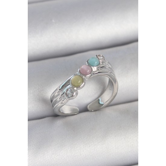 Pirinç Gümüş Renk Zirkon Taş Detaylı Renkli Mineli Ayarlanabilir Kadın Yüzük - TJ-BYK3728