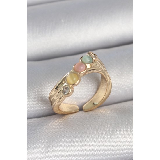 Pirinç Gold Renk Zirkon Taş Detaylı Karışık Mineli Ayarlanabilir Kadın Yüzük - TJ-BYK3729