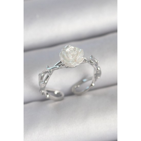 Pirinç Gümüş Renk Beyaz Gül Model Ayarlanabilir Kadın Yüzük - TJ-BYK3730