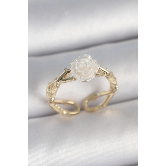 Pirinç Gold Renk Beyaz Gül Model Ayarlanabilir Kadın Yüzük - TJ-BYK3731