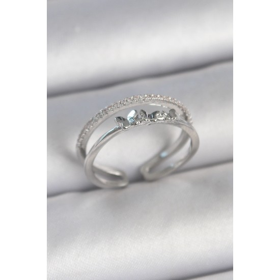 Pirinç Gümüş Renk 2'Li Zirkon Taş Detaylı Kelebek Figür Ayarlanabilir Model Kadın Yüzük - TJ-BYK3732