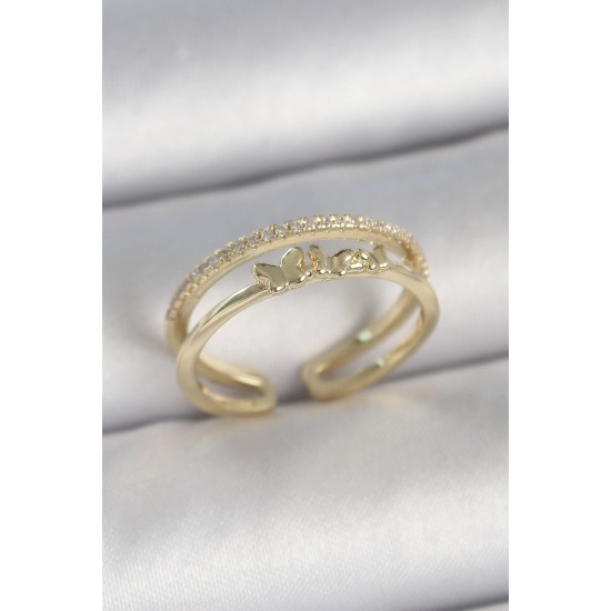 Pirinç Gold Renk 2'Li Sıra Zirkon Taş Detaylı Kelebek Figürlü Ayarlanabilir Model Kadın Yüzük - TJ-BYK3733