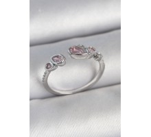 Pirinç Gümüş Renk Pembe Damla Zirkon Taşlı Ayarlanabilir Model Kadın Yüzük - TJ-BYK3734