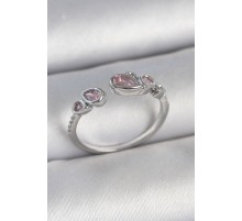 Pirinç Gümüş Renk Pembe Damla Zirkon Taşlı Ayarlanabilir Model Kadın Yüzük - TJ-BYK3734