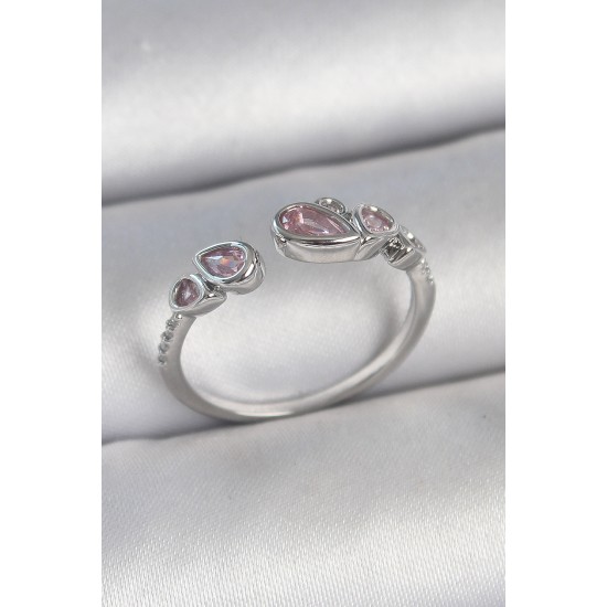 Pirinç Gümüş Renk Pembe Damla Zirkon Taşlı Ayarlanabilir Model Kadın Yüzük - TJ-BYK3734