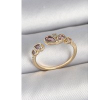 Pirinç Gold Renk Pembe Damla Zirkon Taşlı Ayarlanabilir Kadın Yüzük - TJ-BYK3735