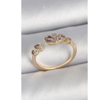 Pirinç Gold Renk Pembe Damla Zirkon Taşlı Ayarlanabilir Kadın Yüzük - TJ-BYK3735