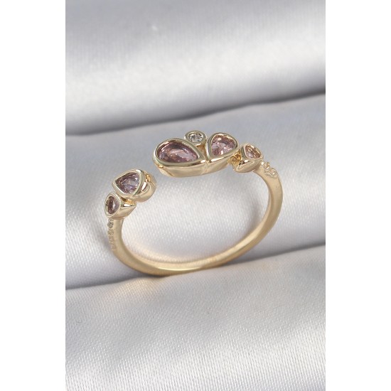 Pirinç Gold Renk Pembe Damla Zirkon Taşlı Ayarlanabilir Kadın Yüzük - TJ-BYK3735