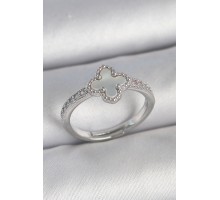 Pirinç Gümüş Renk Zirkon Taşlı Beyaz Mineli Yonca Model Ayarlanabilir Kadın Yüzük - TJ-BYK3736