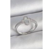 Pirinç Gümüş Renk Zirkon Taşlı Beyaz Mineli Yonca Model Ayarlanabilir Kadın Yüzük - TJ-BYK3736