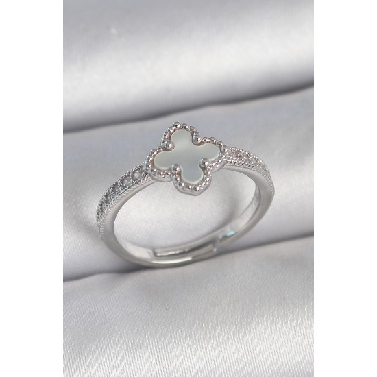 Pirinç Gümüş Renk Zirkon Taşlı Beyaz Mineli Yonca Model Ayarlanabilir Kadın Yüzük - TJ-BYK3736