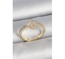 Pirinç Gold Renk Zirkon Taşlı Beyaz Mineli Yonca Model Ayarlanabilir Kadın Yüzük - TJ-BYK3737