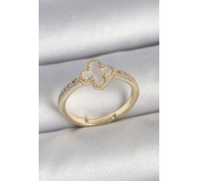 Pirinç Gold Renk Zirkon Taşlı Beyaz Mineli Yonca Model Ayarlanabilir Kadın Yüzük - TJ-BYK3737