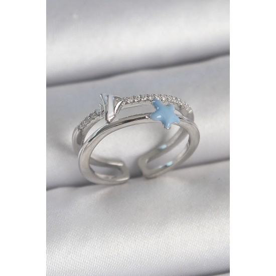 Pirinç Gümüş Renk 2'Li Zirkon Taşlı Mavi Yıldız Figür Ayarlanabilir Kadın Yüzük - TJ-BYK3738