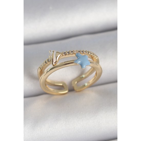 Pirinç Gold Renk 2'Li Zirkon Taşlı Mavi Yıldız Figür Ayarlanabilir Kadın Yüzük - TJ-BYK3739