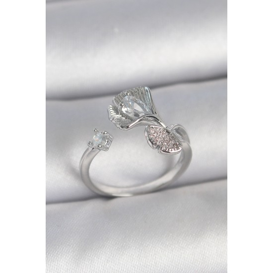 Pirinç Gümüş Renk Zirkon Taşlı Deniz Kabuğu Model Ayarlanabilir Kadın Yüzük - TJ-BYK3740