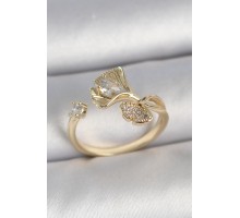 Pirinç Gold Renk Zirkon Taşlı Deniz Kabuğu Model Ayarlanabilir Kadın Yüzük - TJ-BYK3741