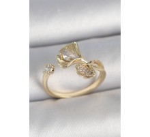 Pirinç Gold Renk Zirkon Taşlı Deniz Kabuğu Model Ayarlanabilir Kadın Yüzük - TJ-BYK3741