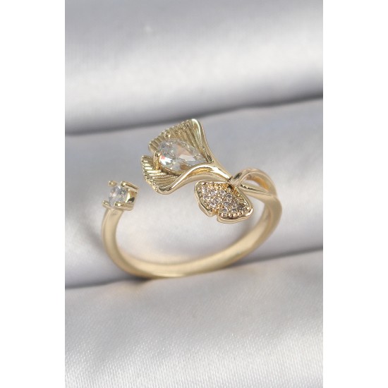 Pirinç Gold Renk Zirkon Taşlı Deniz Kabuğu Model Ayarlanabilir Kadın Yüzük - TJ-BYK3741