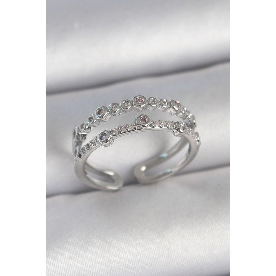 Pirinç Gümüş Renk 2'Li Zirkon Taşlı Ayarlanabilir Model Kadın Yüzük - TJ-BYK3742