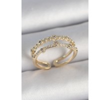 Pirinç Gold Renk 2'Li Sıralı Zirkon Taşlı Ayarlanabilir Model Kadın Yüzük - TJ-BYK3743